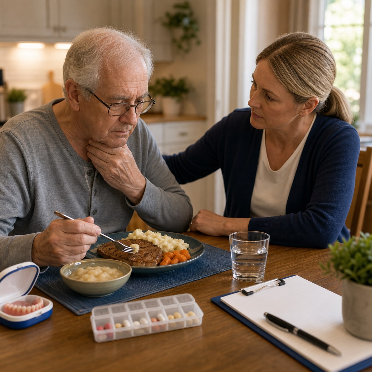 cinematic 3D dysphagia warning signs scene with caregiver observing cough notes denture case medication organizer and meal plate