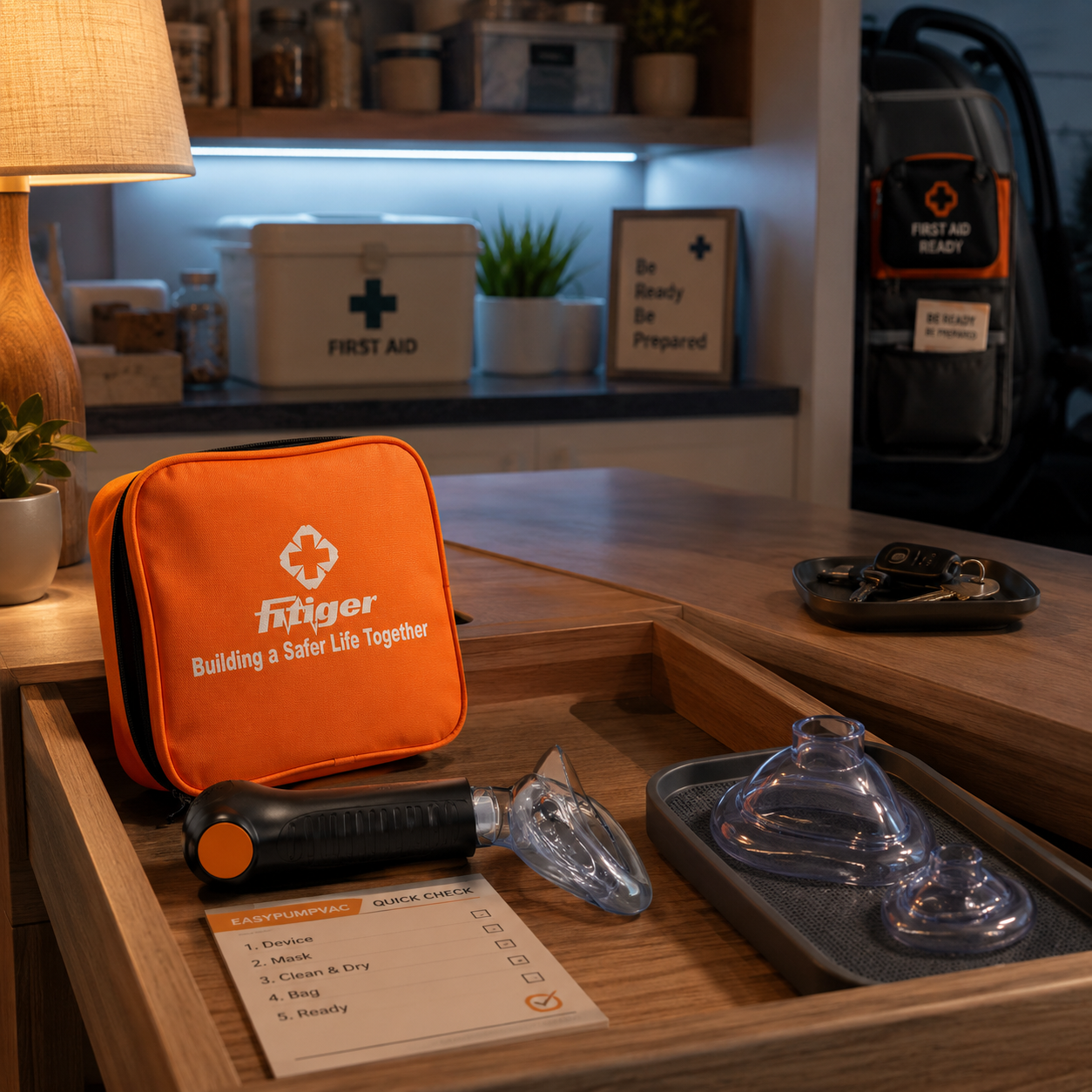 cinematic 3D EasyPumpVac bedside eldercare and car placement readiness scene showing reachable device stations and inspection checklist
