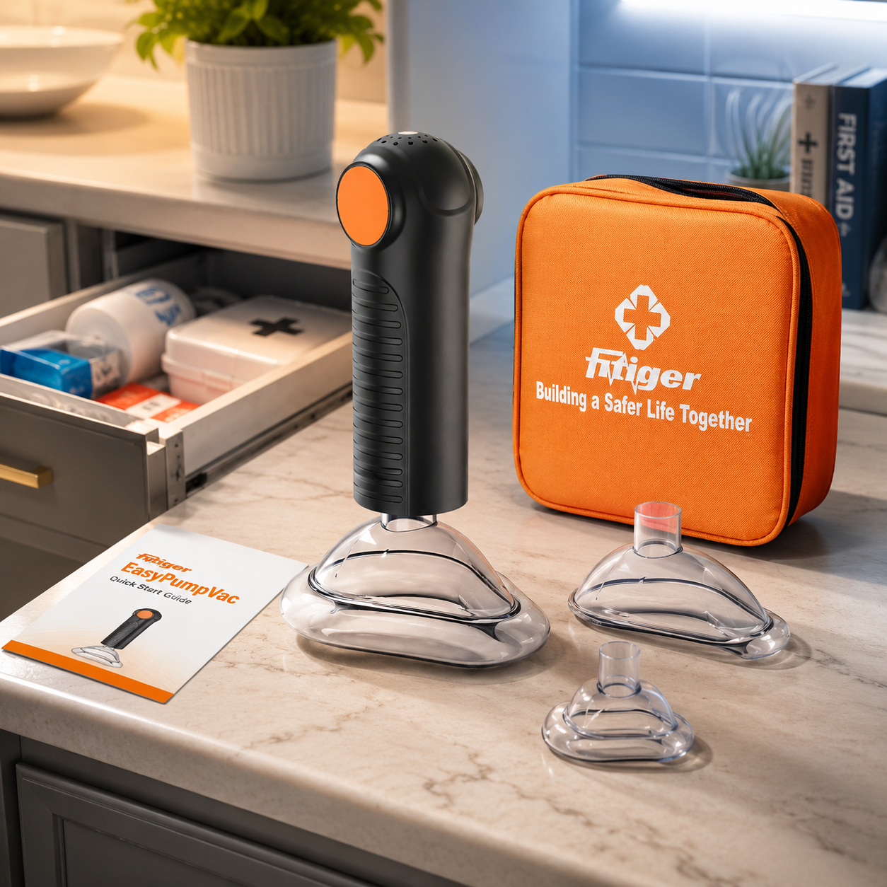 cinematic 3D EasyPumpVac caregiver-ready home kit cover with accurate black orange device adult and child masks and home readiness station