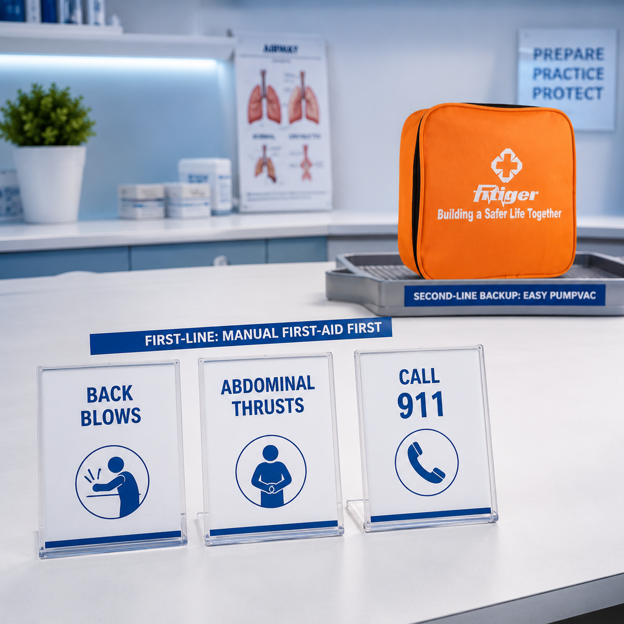 cinematic 3D first-line choking rescue boundary scene showing training cards 911 phone and EasyPumpVac second-line backup station