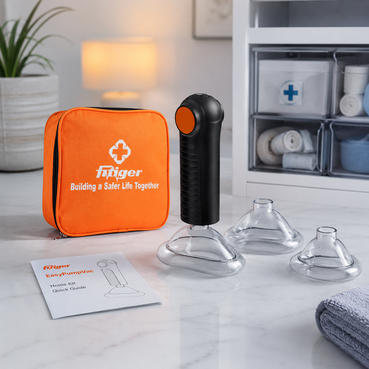 cinematic 3D EasyPumpVac home kit components with accurate black orange device masks pouch and instruction card on clean medical surface