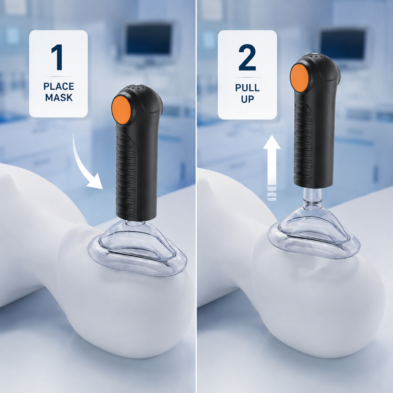 cinematic 3D EasyPumpVac two-step place mask and pull upward workflow in calm training setup with mannequin and no distress