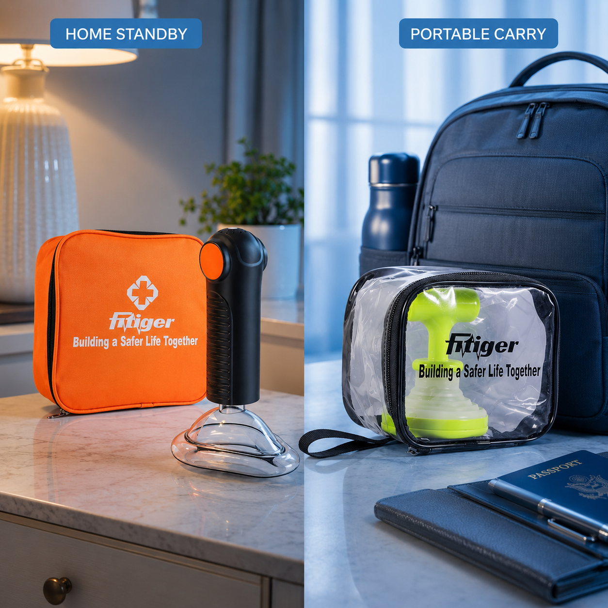 cinematic 3D EasyPumpVac versus FoldPumpVac comparison showing caregiver standby readiness and portable travel readiness