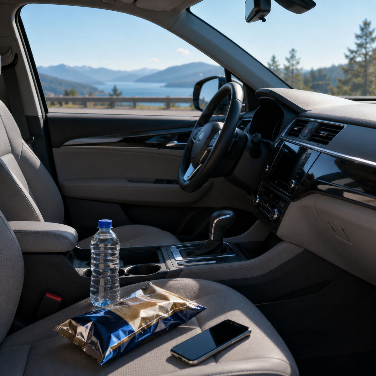 cinematic 3D eating while driving risk prevention scene showing parked car unopened food phone and safe pull-over meal choice