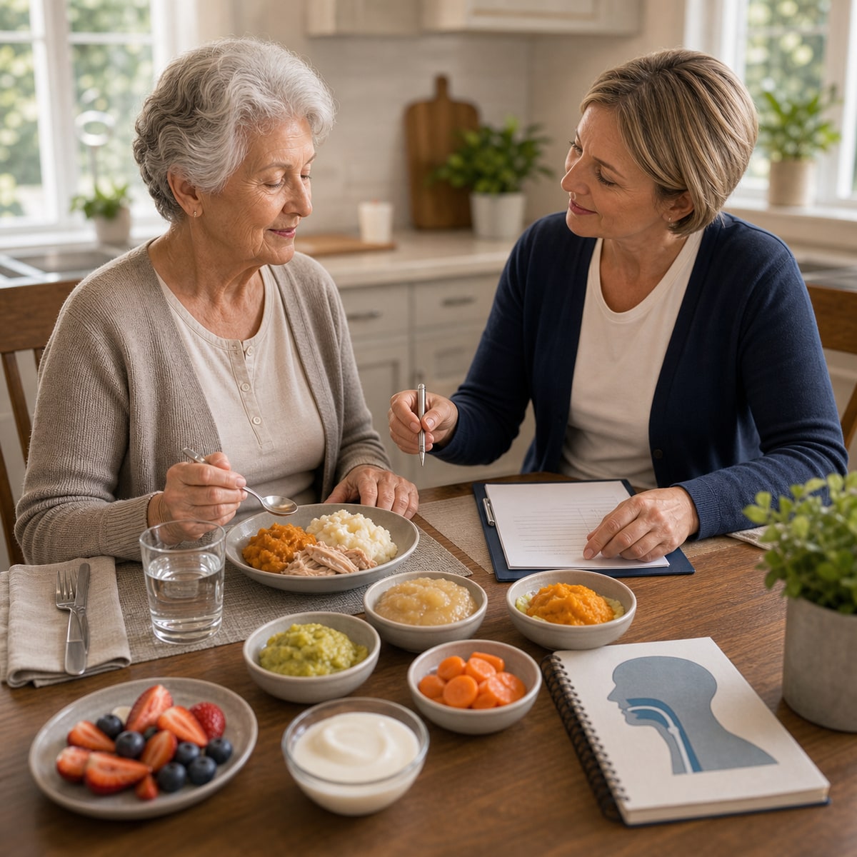 cinematic 3D dysphagia food safety cover for older adults showing soft moist meal water caregiver note and upright senior dining setup