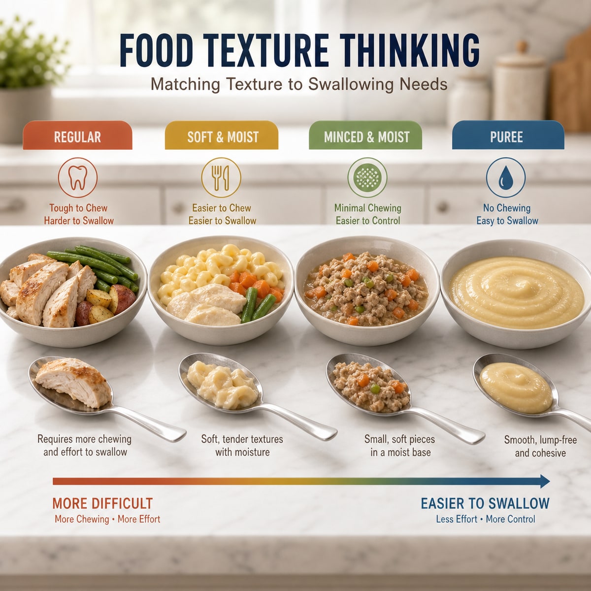 cinematic 3D educational food texture layout with bowls showing regular soft minced and moist texture progression without official logos