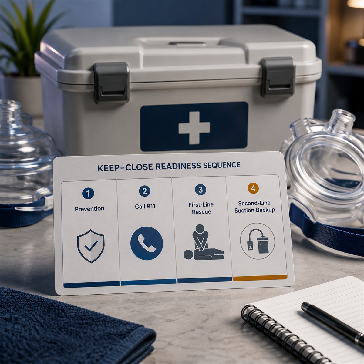 cinematic 3D keep-close readiness sequence card showing prevention 911 first-line rescue and second-line suction backup boundary