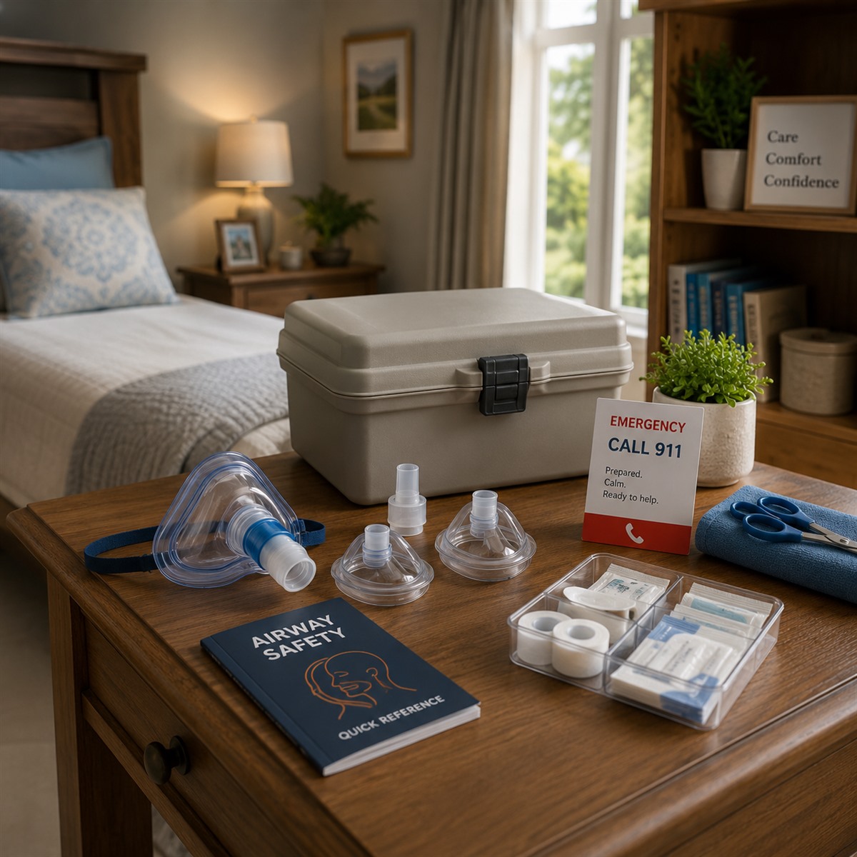 cinematic 3D caregiver room airway readiness station with mask organization card emergency phone and calm eldercare setting