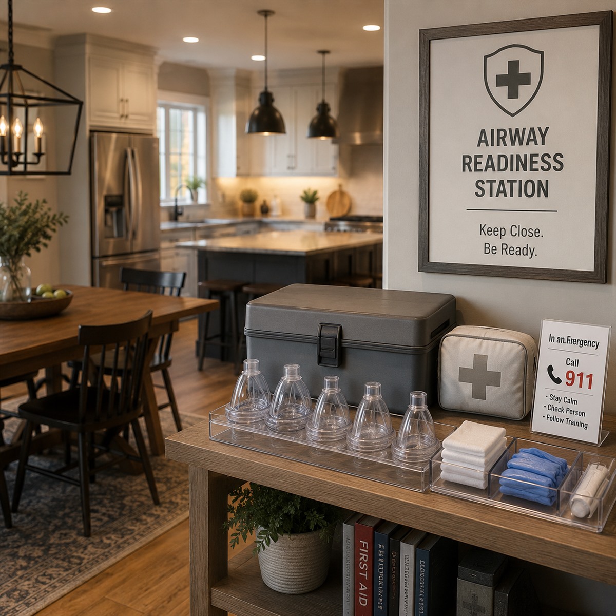 cinematic 3D keep-close anti-choking readiness cover showing visible home airway safety station near dining area with no invented product details