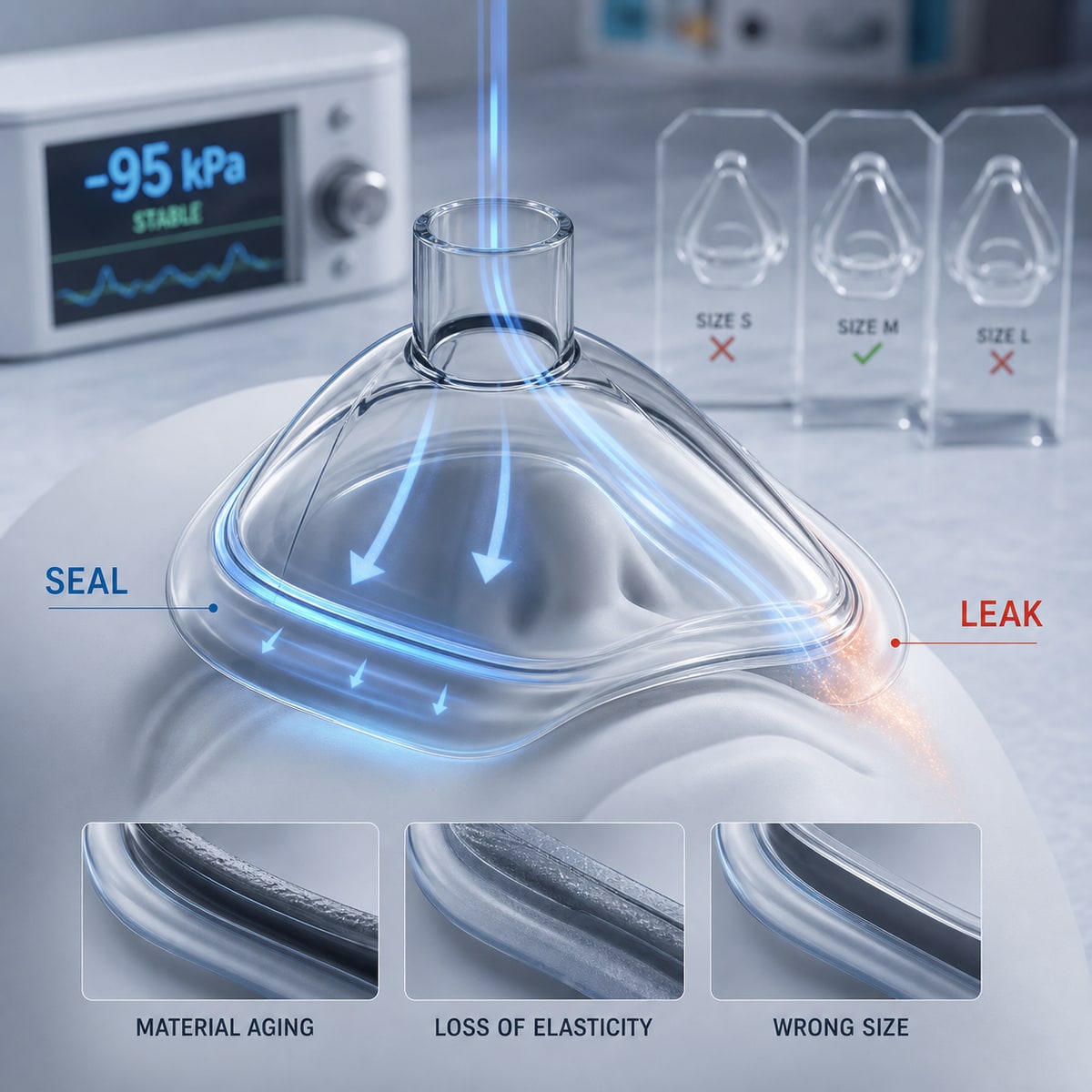 cinematic 3D mask seal leak risk technical scene for suction anti choking device safety