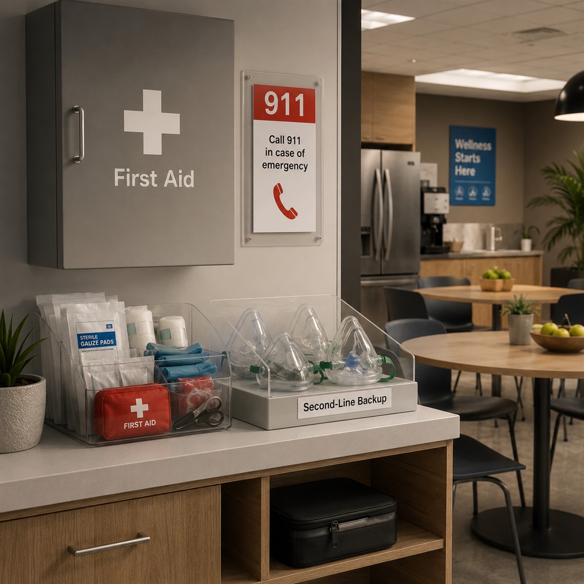 cinematic 3D office breakroom airway readiness station with first aid 911 and second-line backup labels near eating area