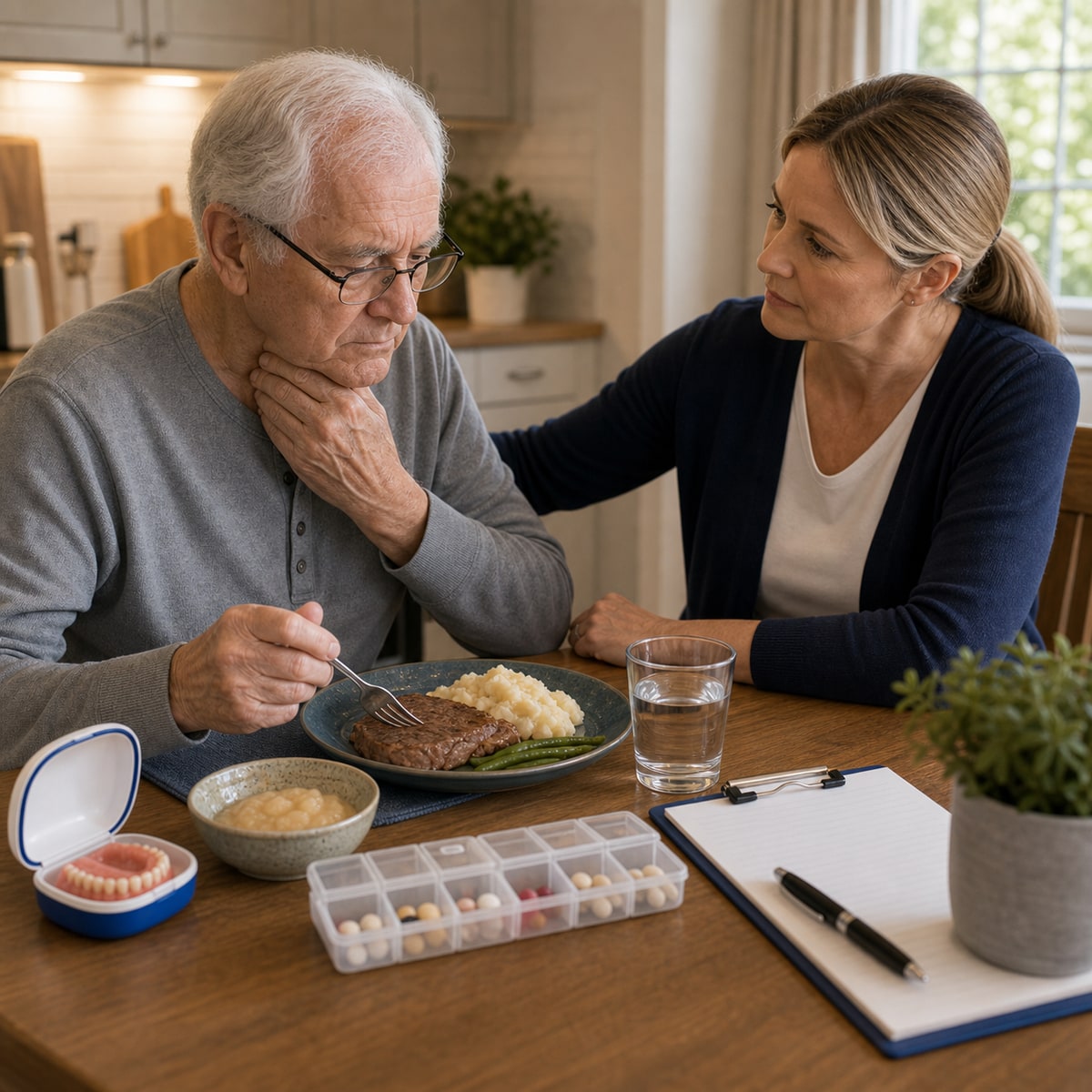 cinematic 3D older adult dysphagia warning signs with caregiver notes water glass medication organizer and untouched meal