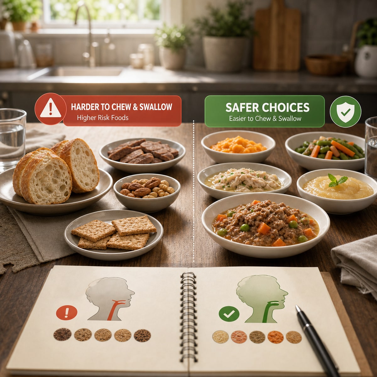cinematic 3D older adult food texture comparison showing dry tough foods beside safer moist softened meal options