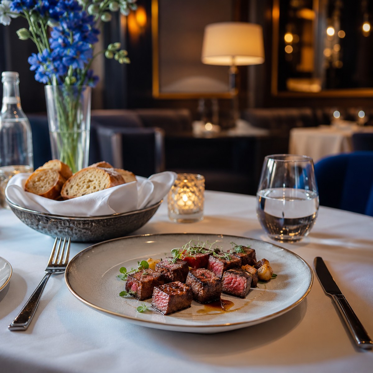 cinematic 3D restaurant choking prevention scene with steak cut into small pieces bread water glass and calm seated dining safety cues