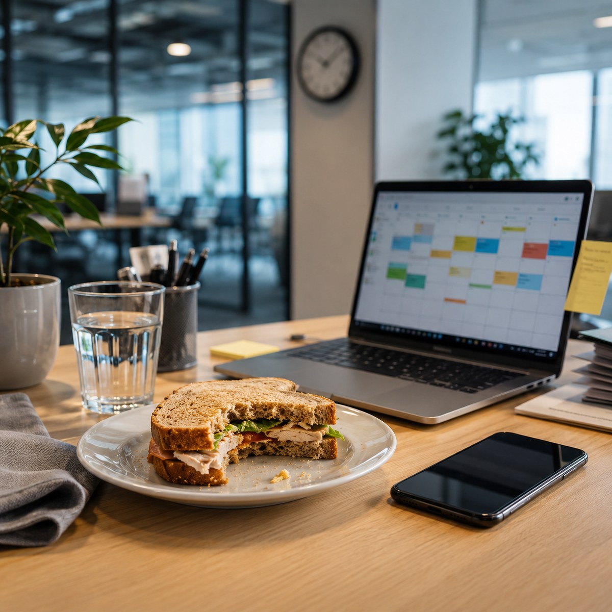 cinematic 3D rushed work lunch choking risk scene with sandwich laptop calendar phone water glass and food set down between bites