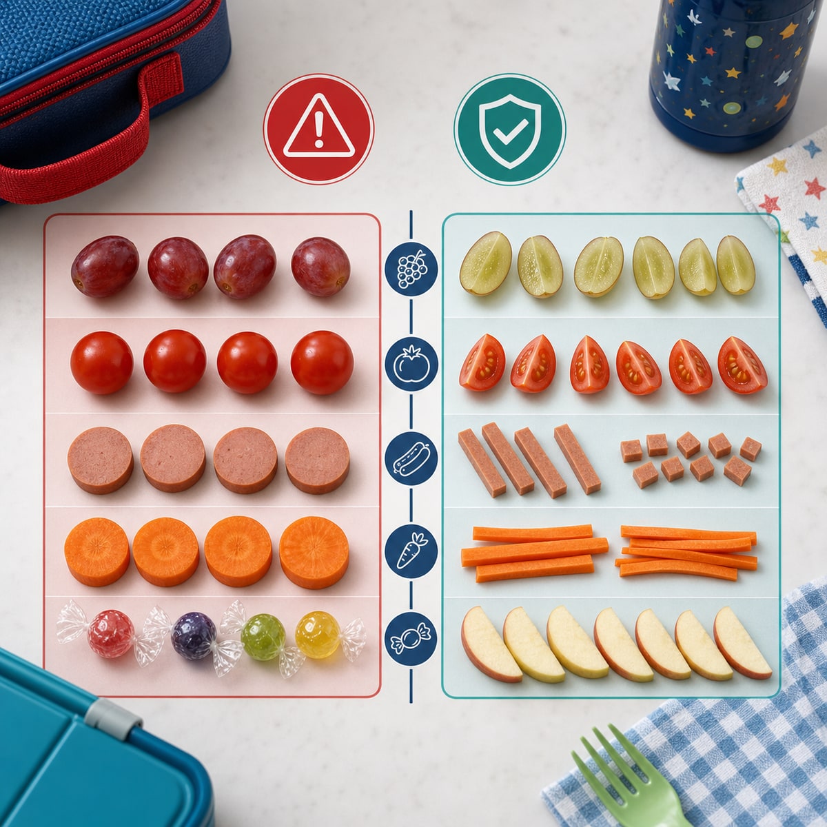 cinematic 3D lunchbox safety layout comparing whole round foods and safer lengthwise cut school lunch options for children