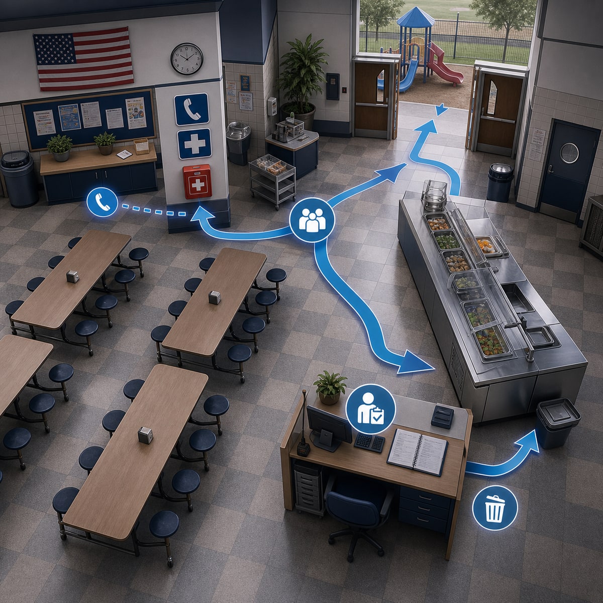 cinematic 3D school cafeteria choking risk zones with lunch tables staff station response route and no active emergency