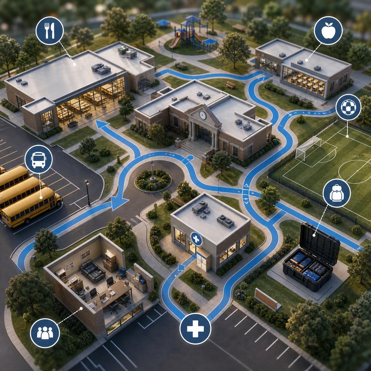 cinematic 3D school campus food-zone readiness map showing cafeteria classroom snack area bus zone field trip kit and nurse station