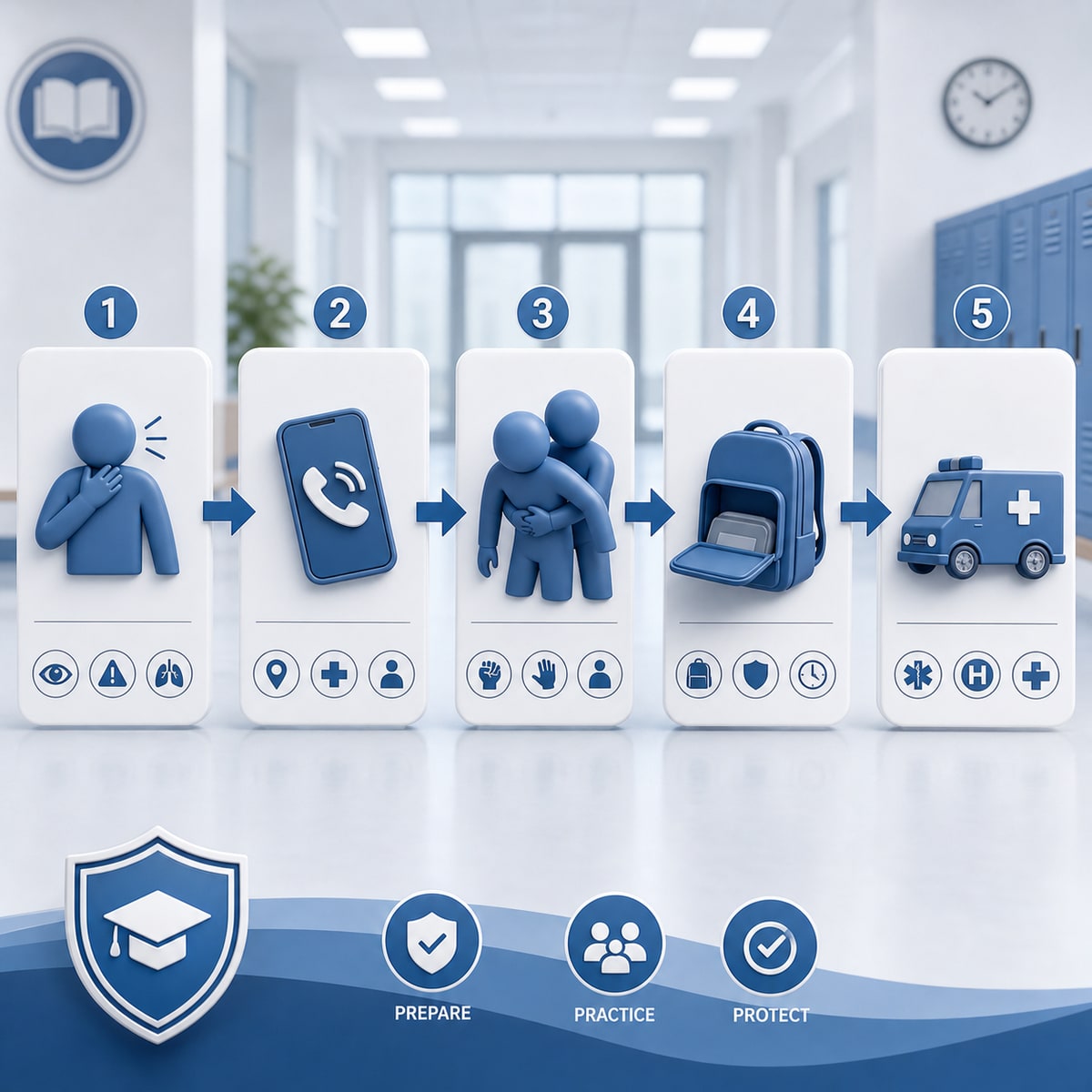 cinematic 3D school choking response flow showing recognize call 911 first-line rescue second-line backup and EMS handoff as calm icons