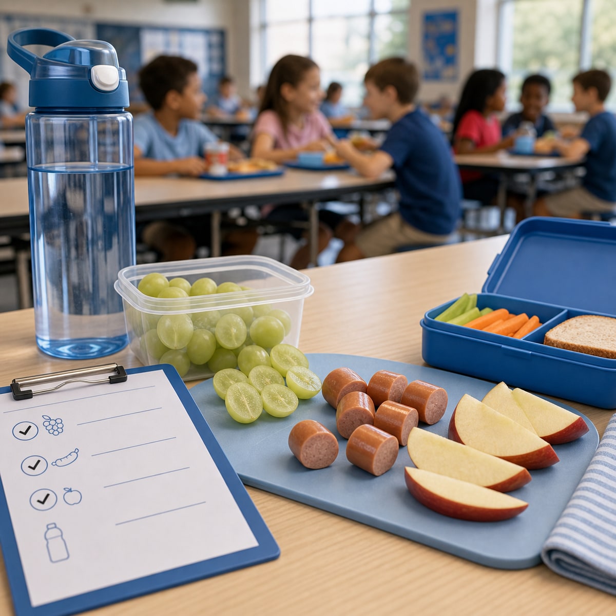 cinematic 3D school lunch choking prevention cover showing safer cut grapes sliced hot dog pieces water bottle and calm cafeteria readiness card