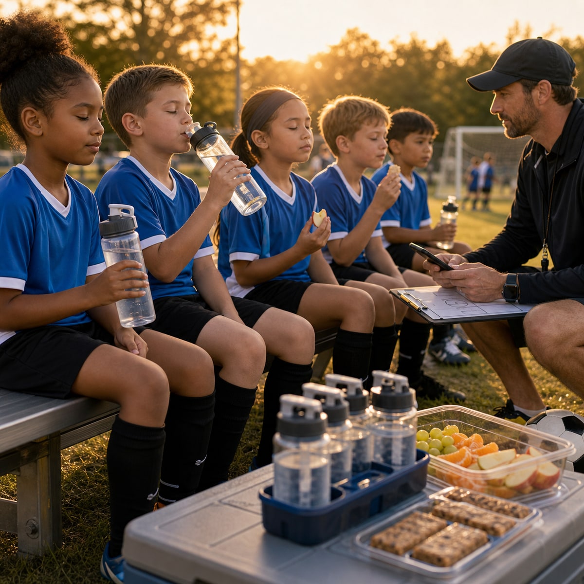 cinematic 3D youth sports sideline snack timing scene with seated children water soft snacks coach clipboard and calm readiness