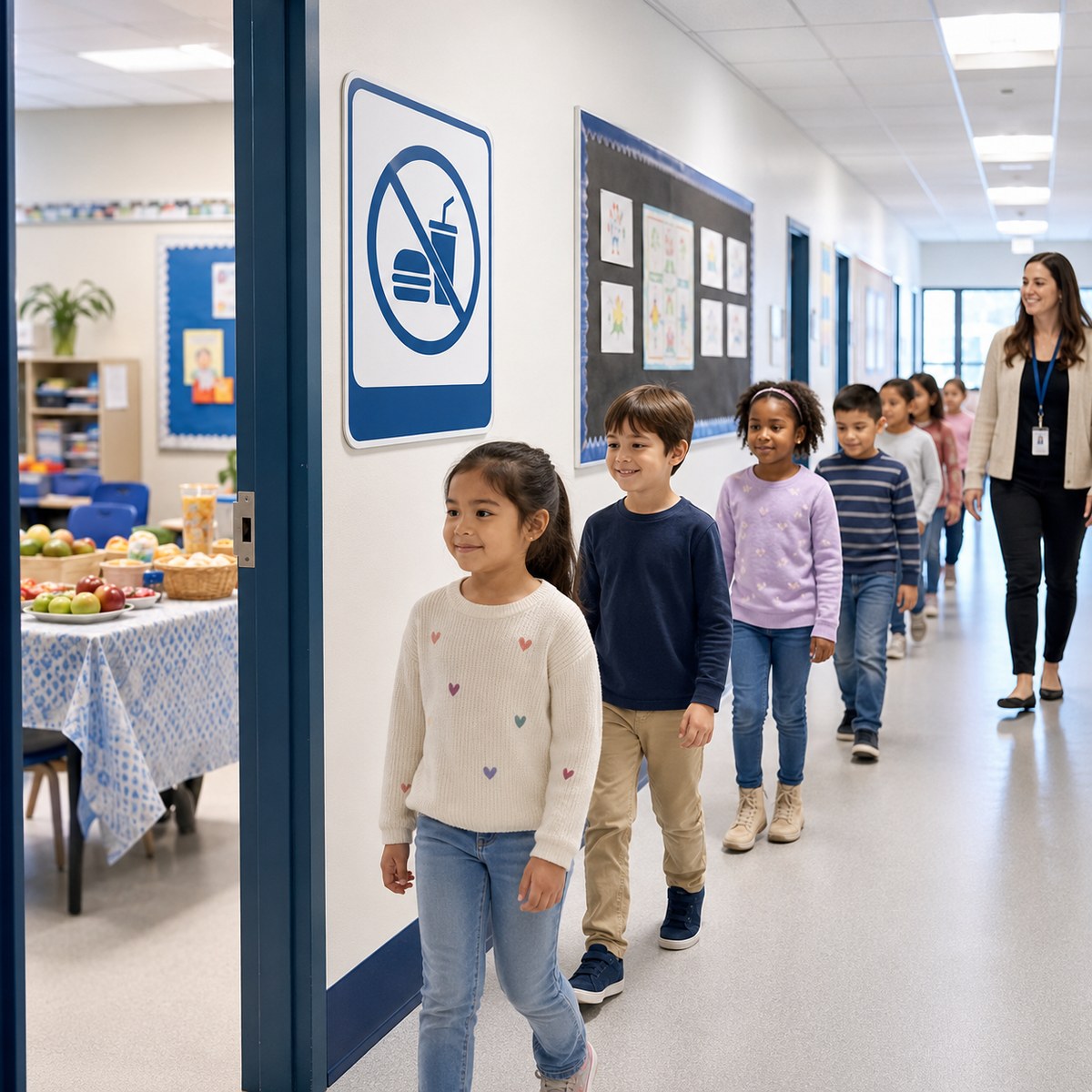 cinematic 3D school transition no food rule hallway scene with teacher line up snack table in classroom and calm student movement