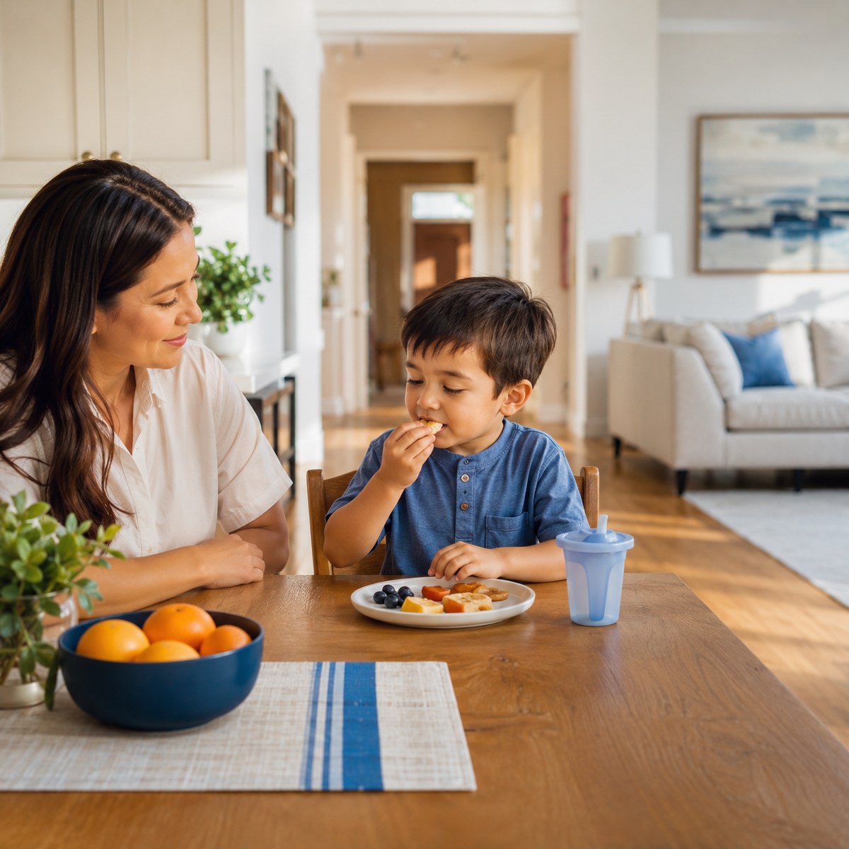 cinematic 3D seated only eating rule scene with child at table small snack bites caregiver supervision and no running with food cues