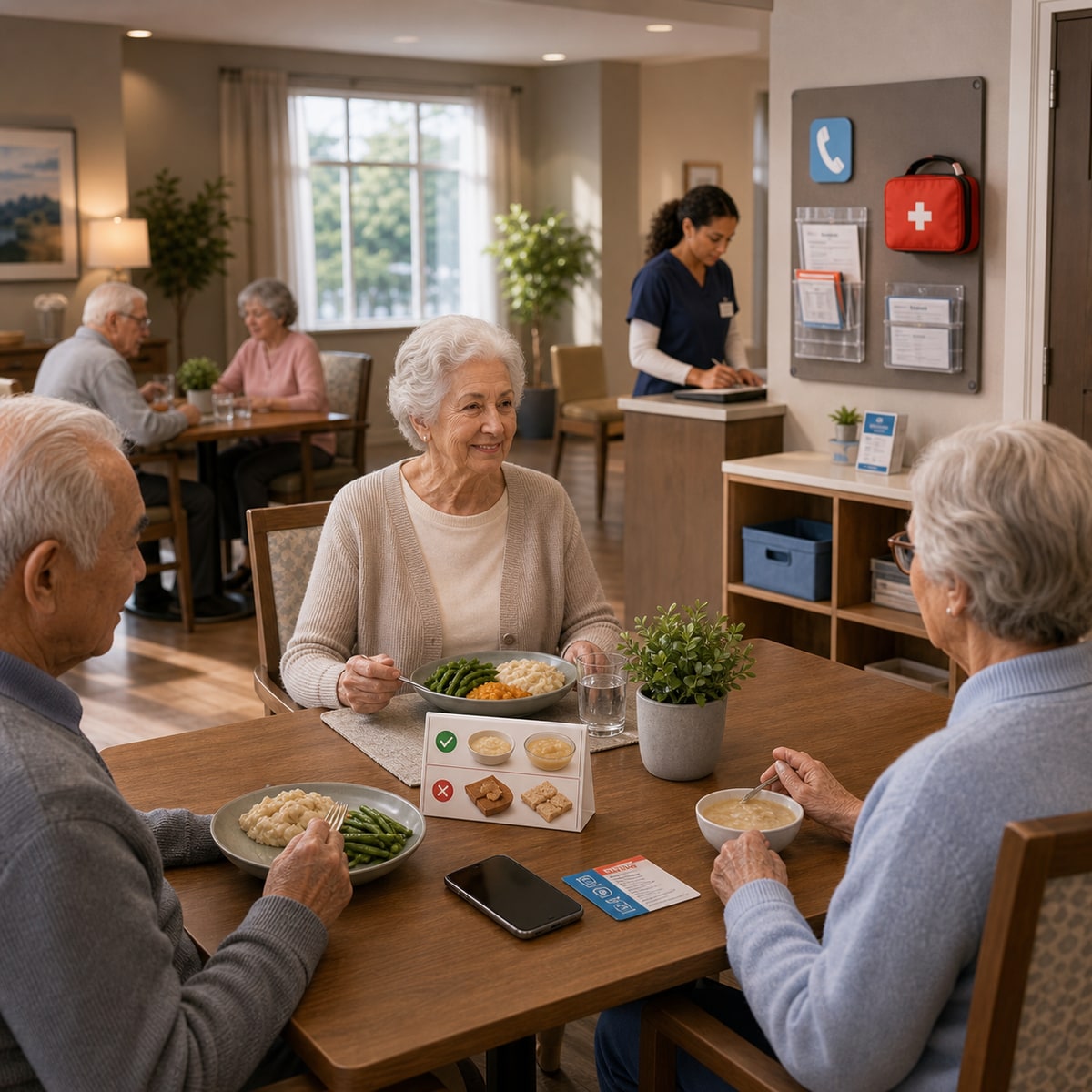 cinematic 3D senior care dining room readiness scene with calm staff station meal texture card phone and emergency response point