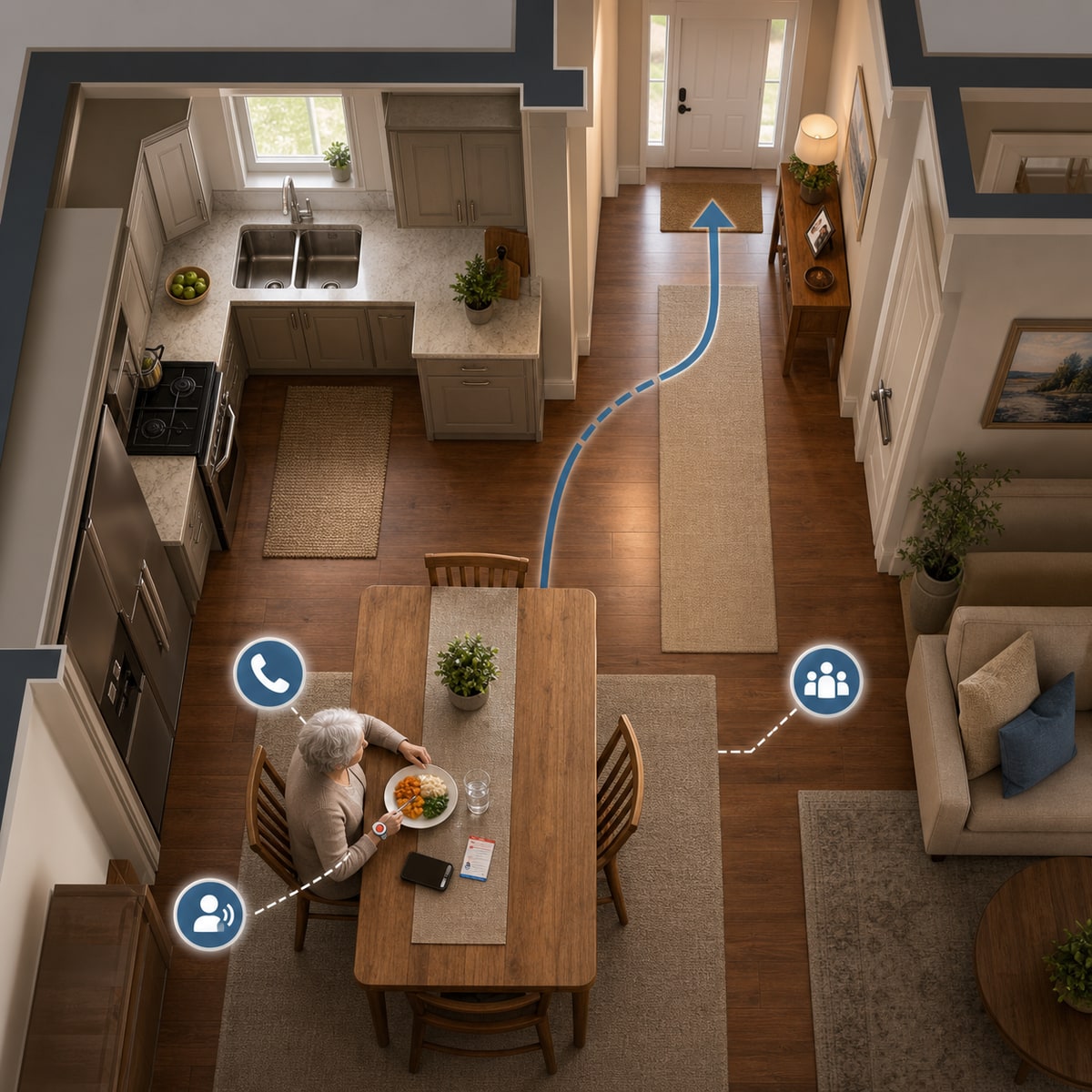 cinematic 3D senior eating alone emergency access map showing dining table phone alert button clear path to front door and response card
