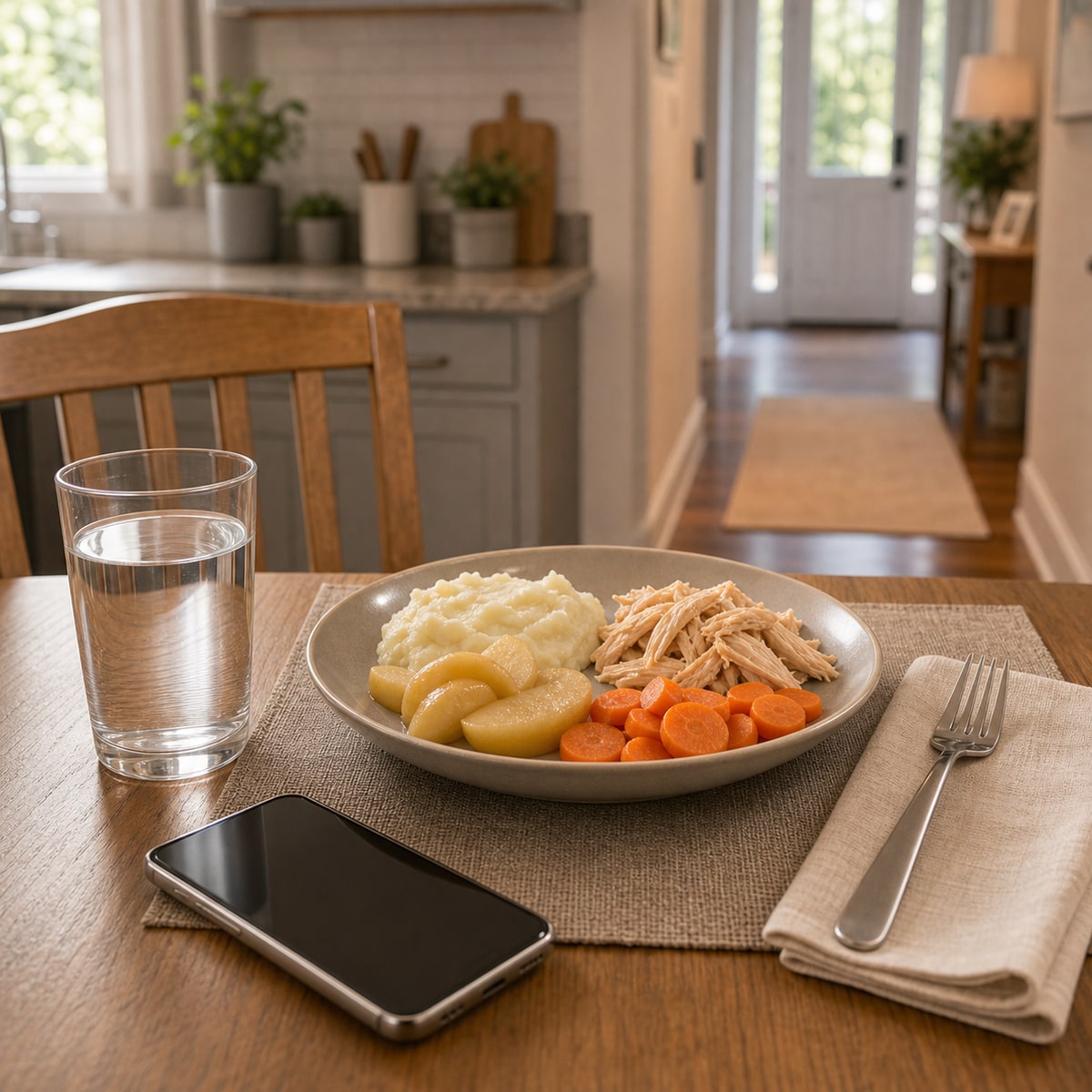 cinematic 3D senior meal setup with upright chair soft moist food water glass phone within reach and calm kitchen lighting