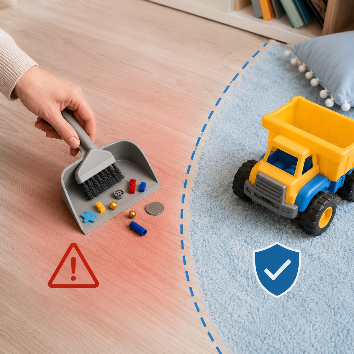 cinematic 3D small objects choking hazard floor sweep scene with coins beads toy parts pen caps and adult hand clearing a play area