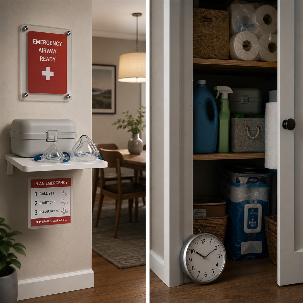 cinematic 3D visible placement versus hidden storage comparison for anti-choking device readiness in daily home spaces