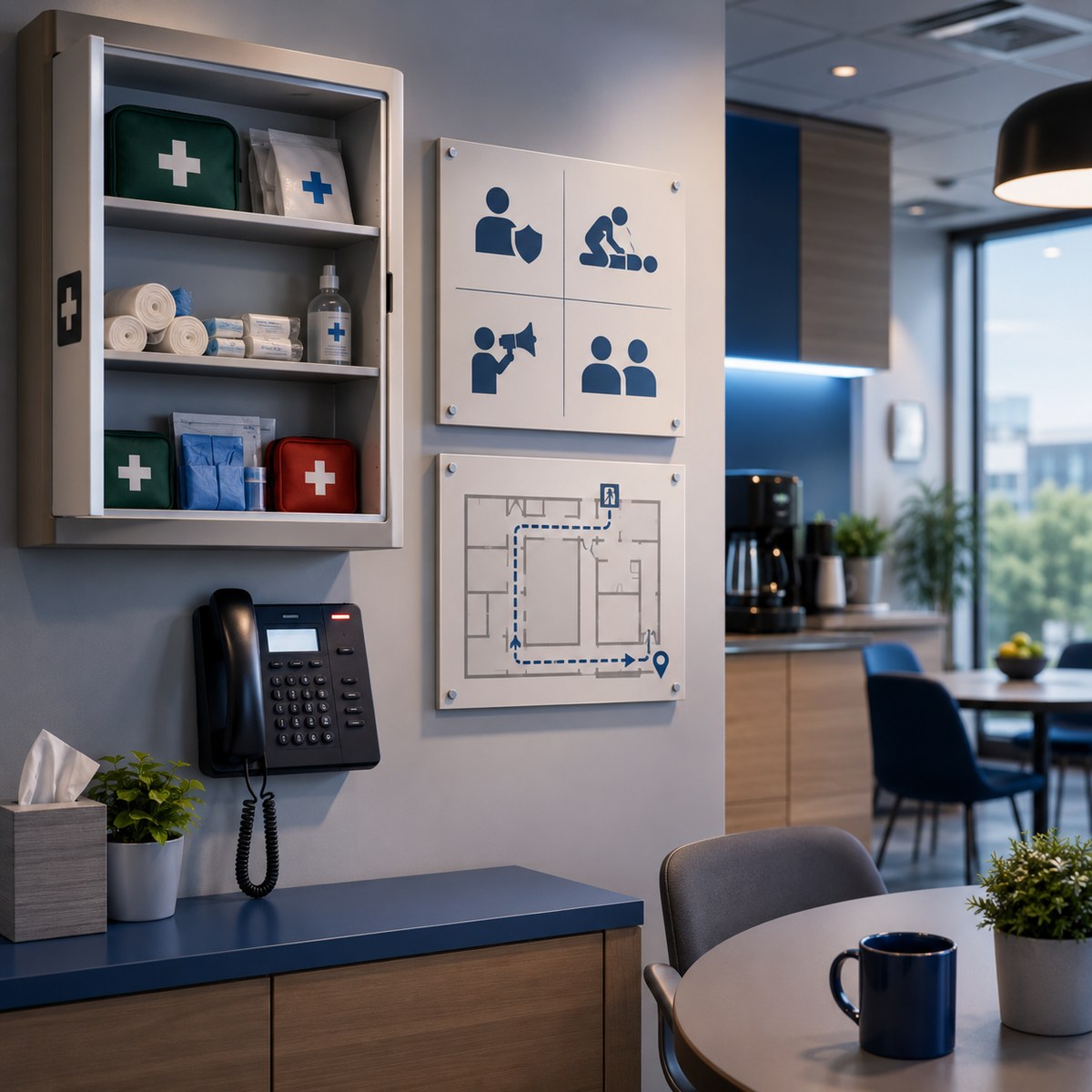 cinematic 3D workplace choking emergency response plan scene with first aid station 911 role card EMS entrance map and calm break room readiness
