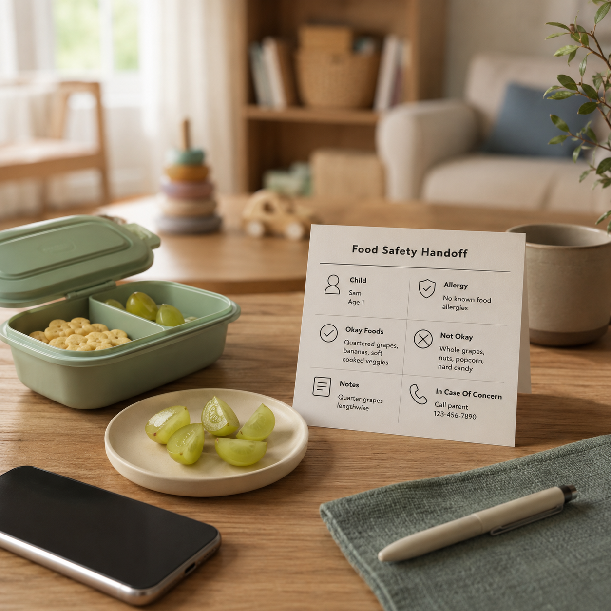 cinematic 3D caregiver handoff card for toddler food safety with grandparents babysitter daycare and restaurant readiness notes