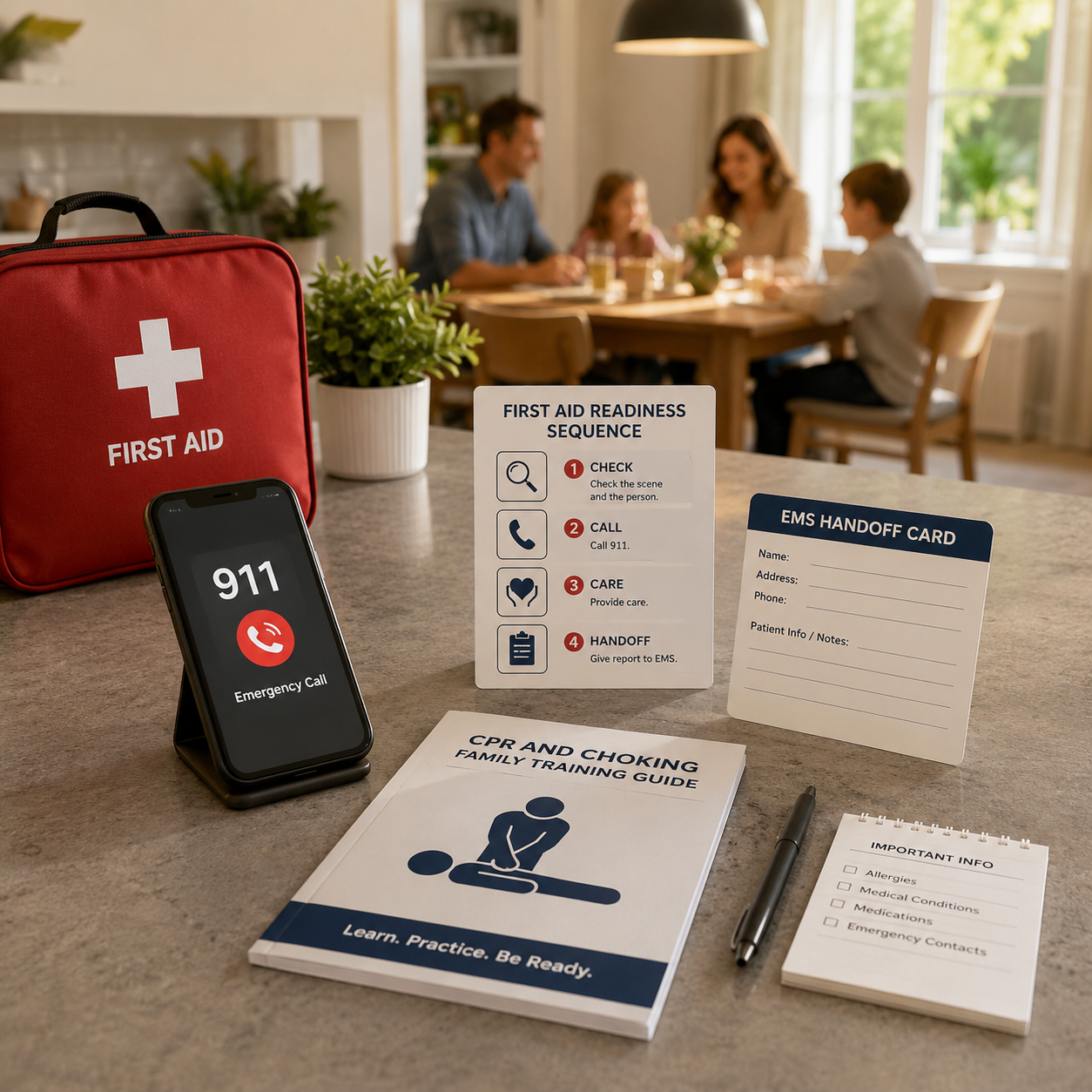 cinematic 3D child choking first aid readiness sequence with 911 phone card first aid steps and EMS handoff