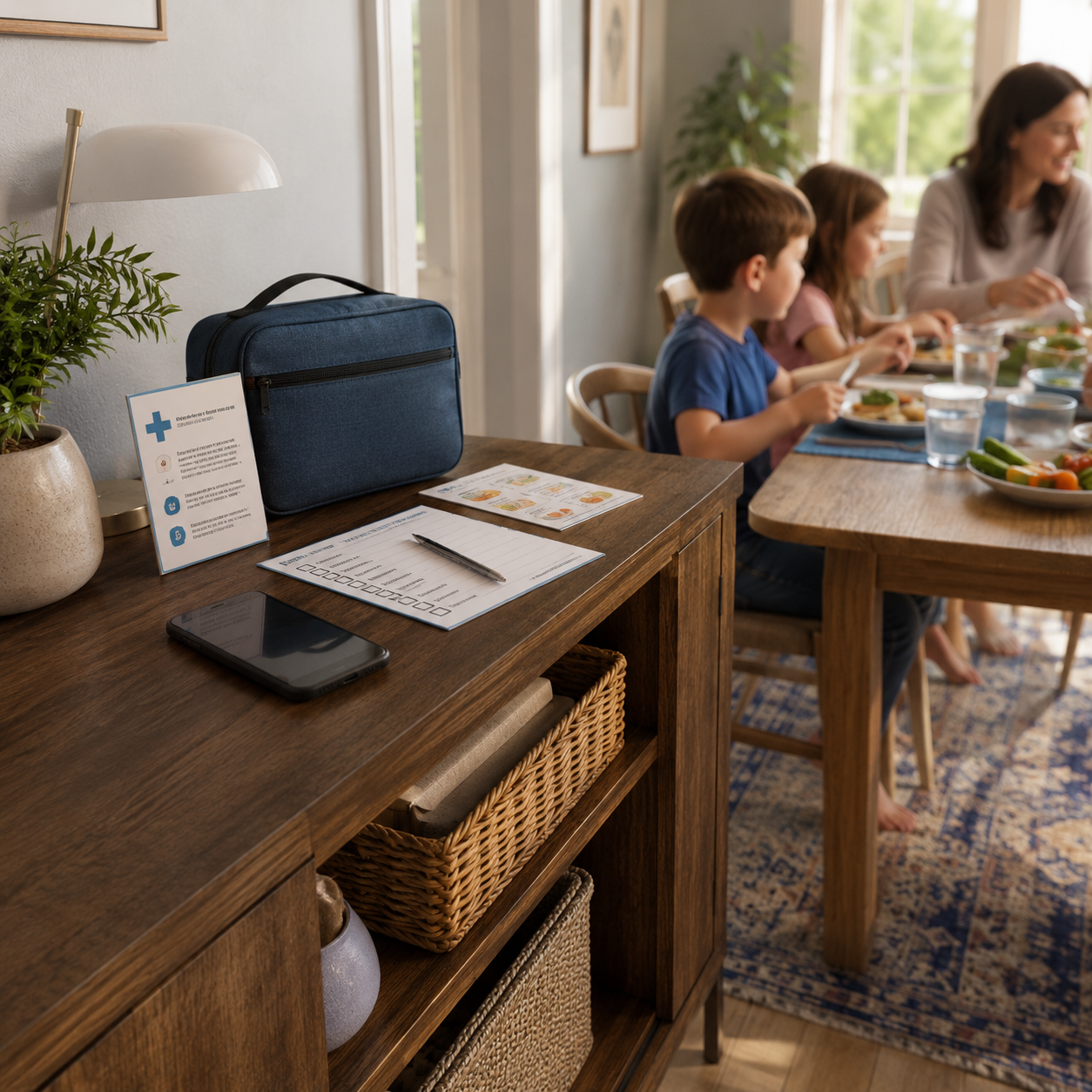 cinematic 3D home dining area second line backup staging with first aid card phone and emergency readiness shelf