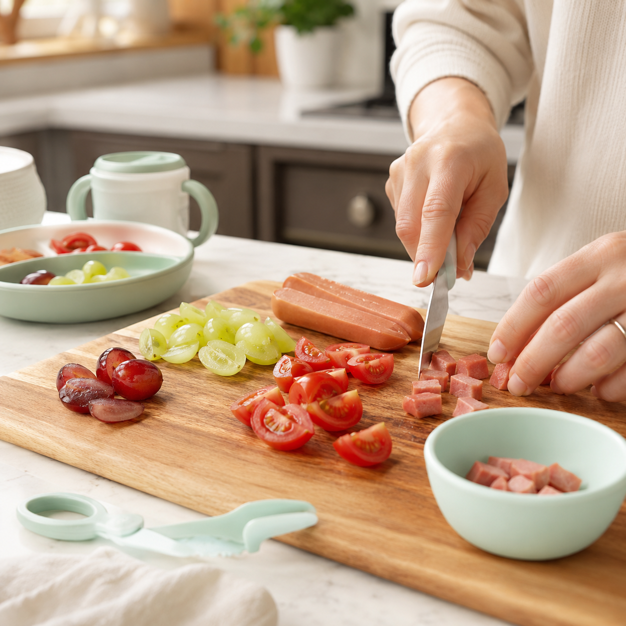 cinematic 3D round foods cut lengthwise for toddler choking prevention with grapes cherry tomatoes and hot dog pieces