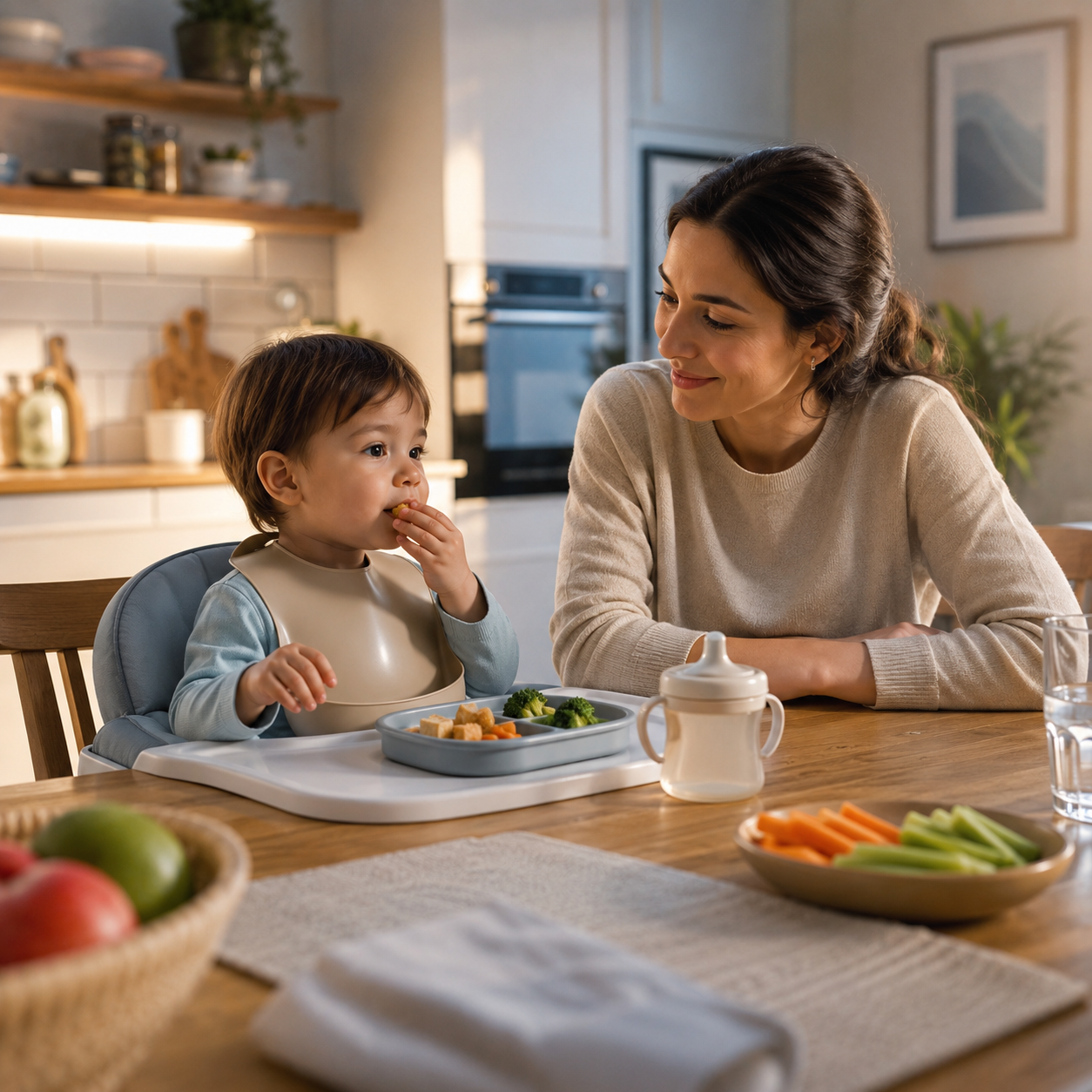 cinematic 3D calm seated supervised toddler meal setup showing safe posture small portions and distraction control