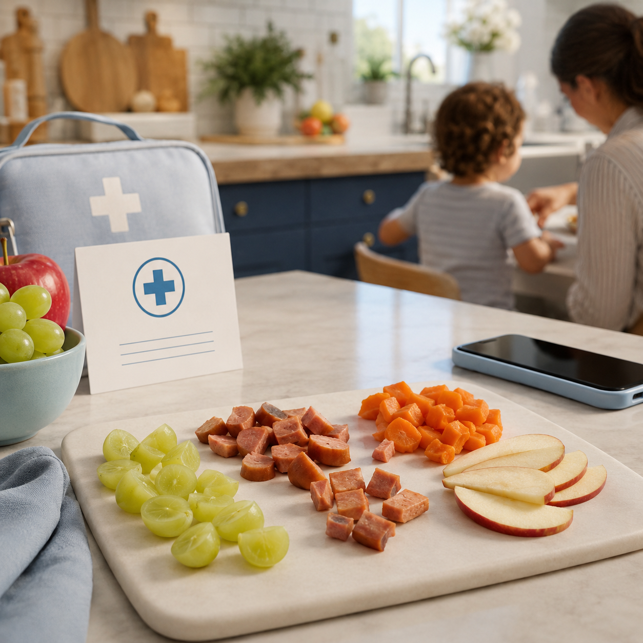 cinematic 3D toddler choking hazard foods safer prep cover with grapes hot dogs carrots and first aid readiness card