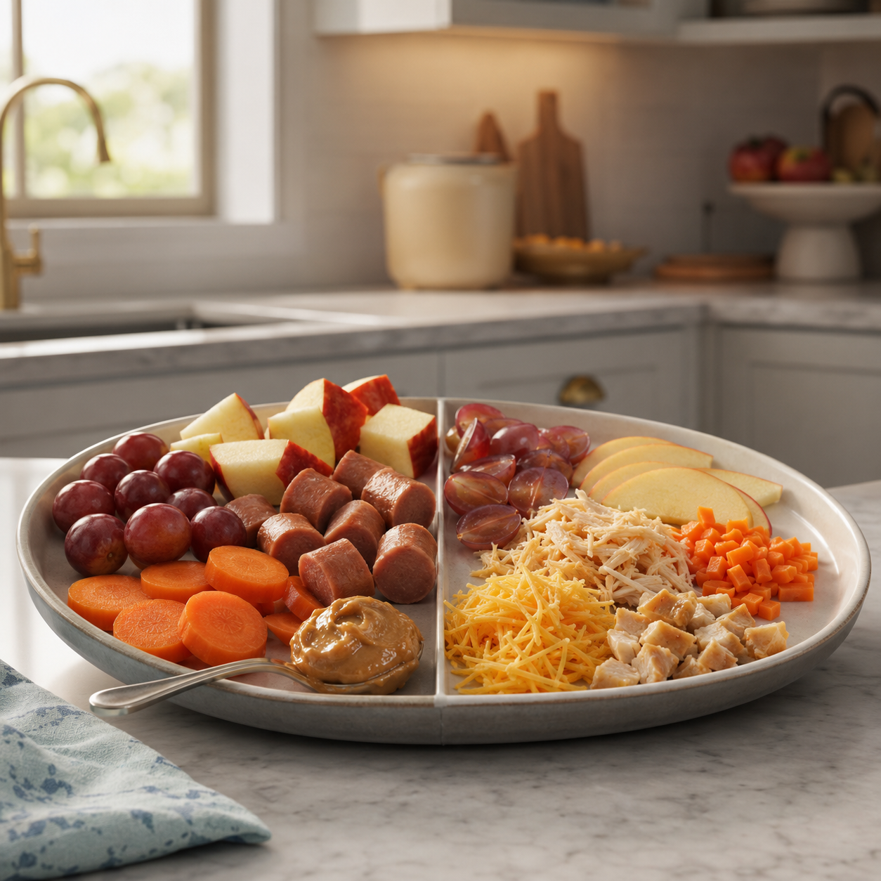 cinematic 3D toddler safe texture comparison showing hard sticky round and softened food preparation choices