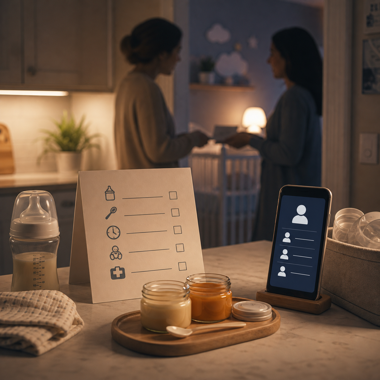 cinematic 3D caregiver handoff card for safer nighttime feeding and infant choking readiness