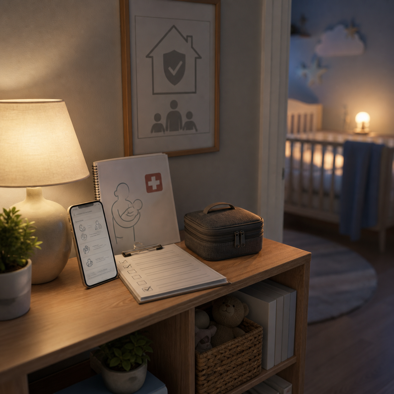 cinematic 3D home safety shelf showing second-line backup boundary after infant choking first aid