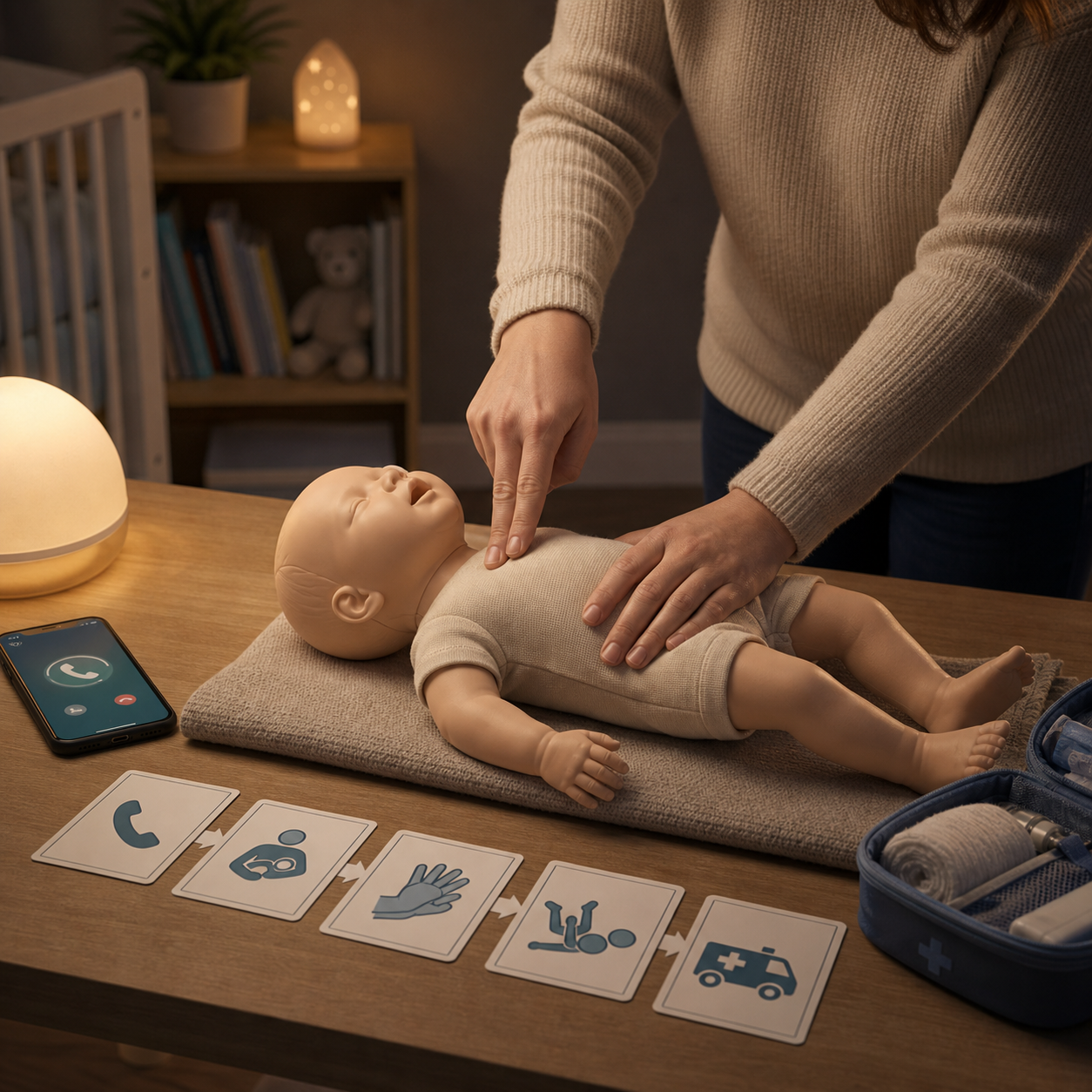 cinematic 3D infant first aid training setup for back blows chest thrusts and 911 readiness