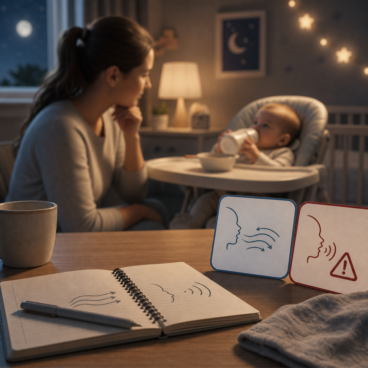 cinematic 3D parent checklist comparing baby gagging coughing and choking airflow cues at night