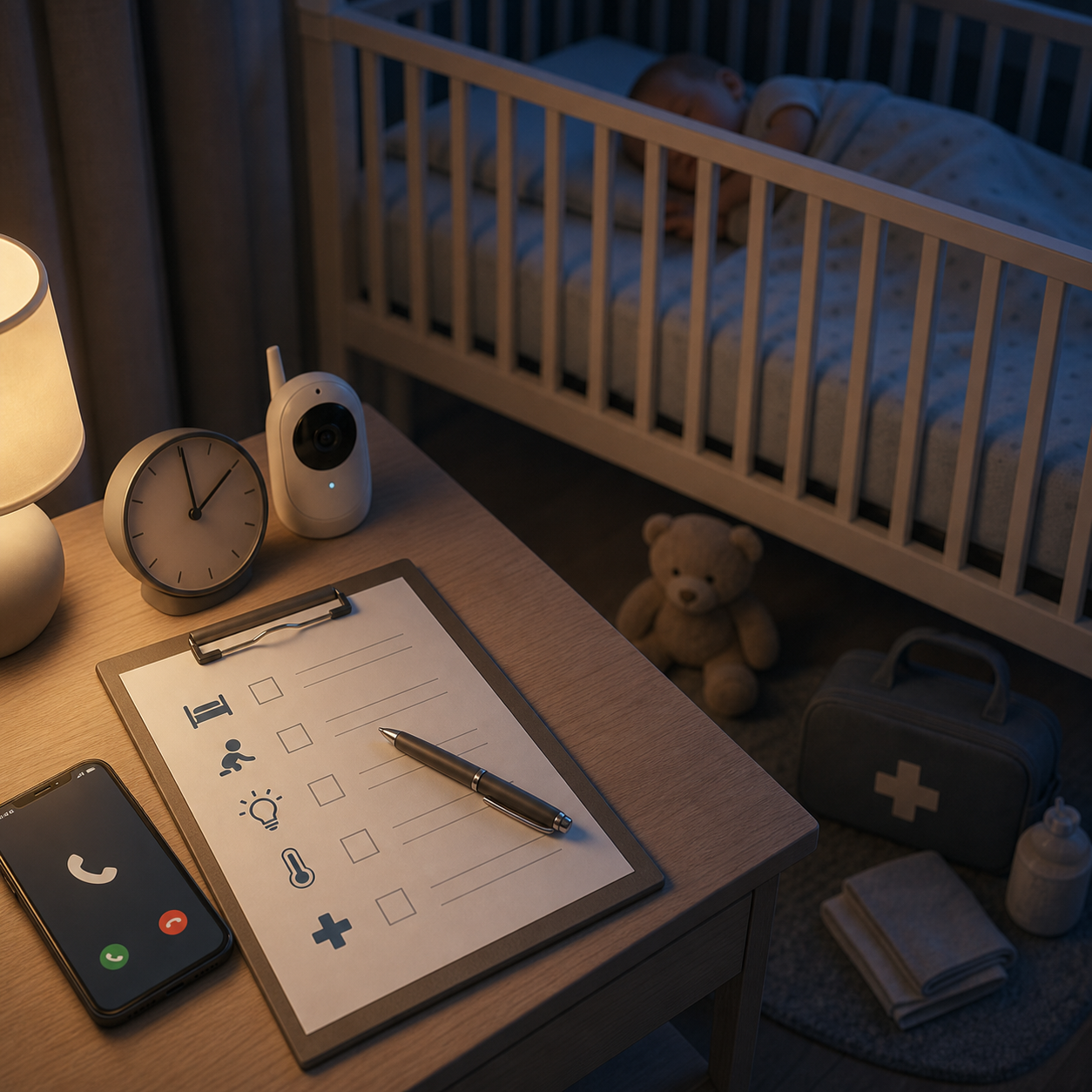 cinematic 3D nighttime baby monitor and emergency phone readiness for choking response