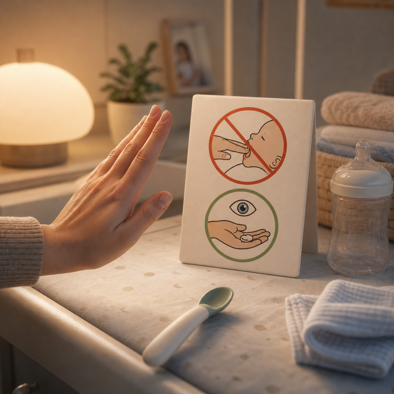 cinematic 3D baby safety card warning against blind finger sweeps during choking scares