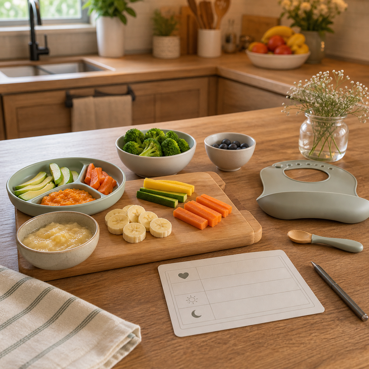 cinematic 3D baby food preparation planning before starting solids at home