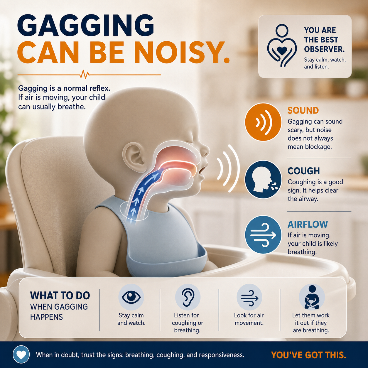 cinematic 3D gentle education image showing noisy gagging signs and airflow cues while a caregiver watches calmly