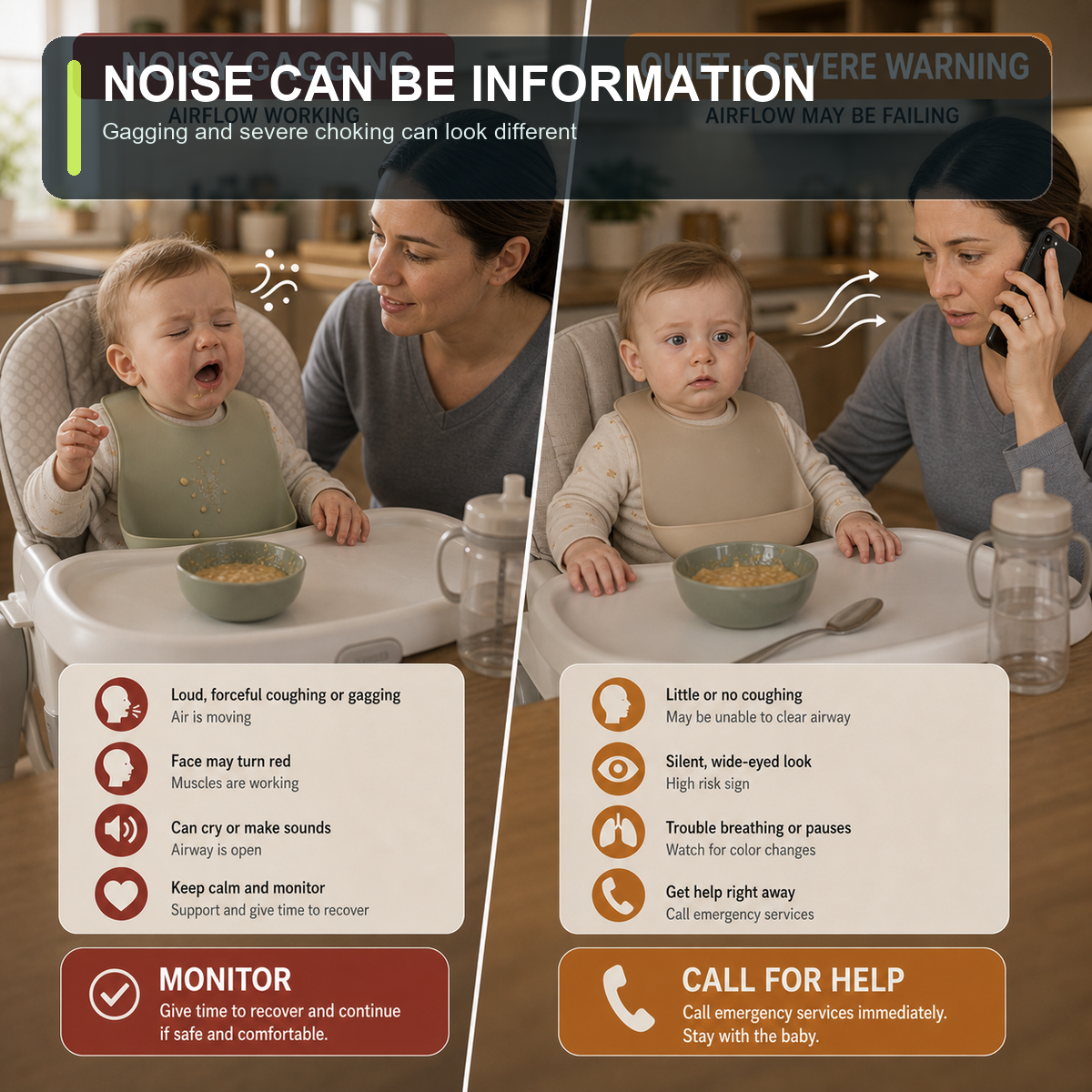 cinematic 3D baby gagging versus severe choking comparison showing noisy gagging and quiet airflow warning without distress close-up