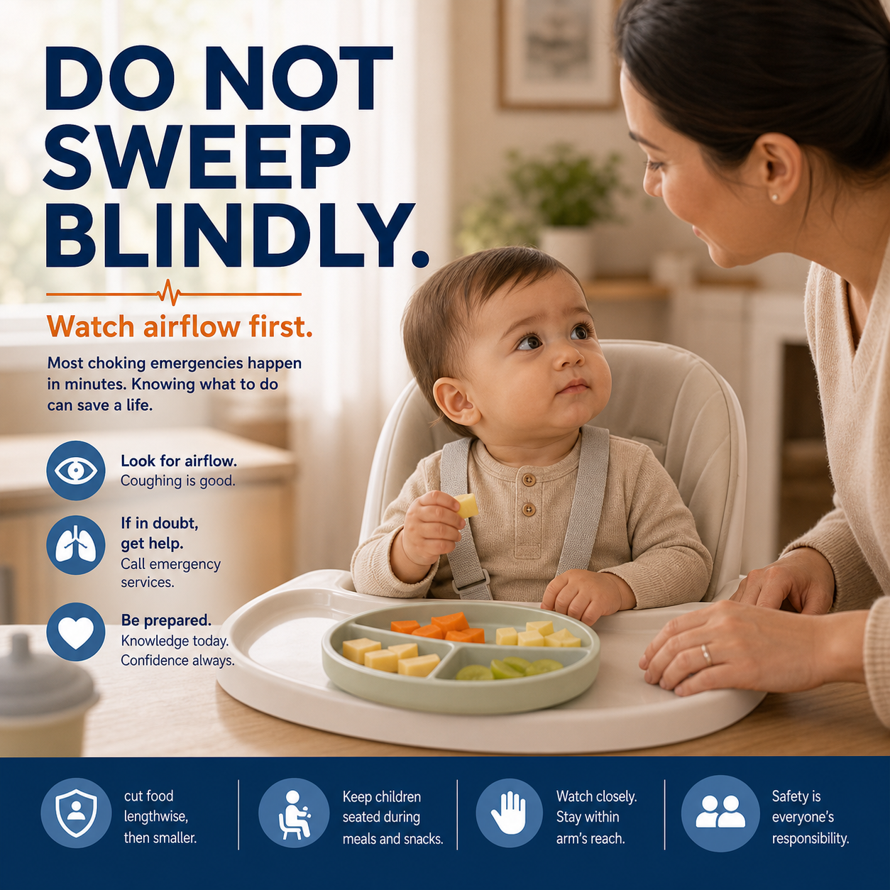 cinematic 3D cover showing a calm caregiver observing baby airflow at a high chair with hands kept outside the baby's mouth